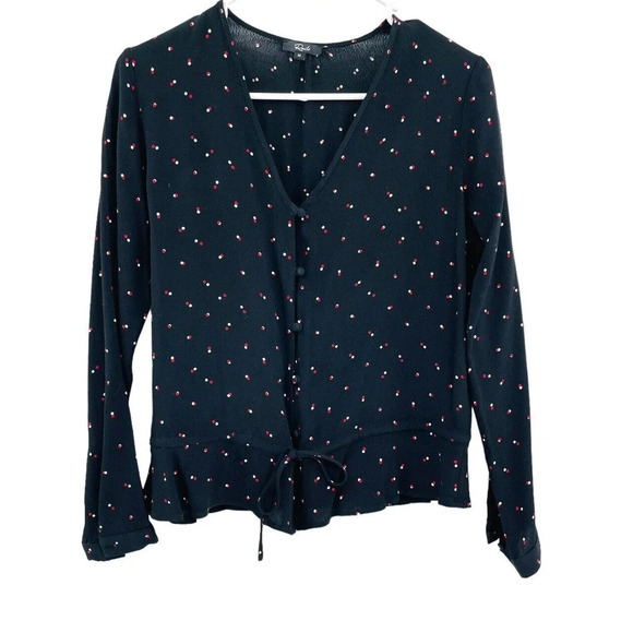Rails Women's Top Beaux Blouse in Black Off Set Dot Long Sleeves Ruffle Hem Sz M - Picture 1 of 13